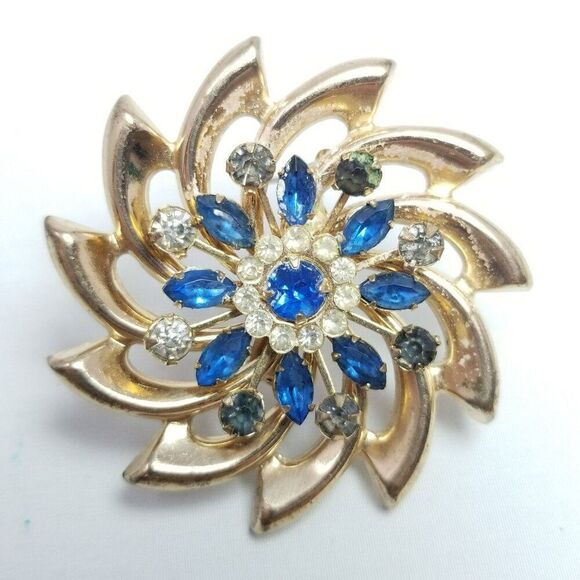 Vintage Jewelry - Vintage Blue Rhinestone Spiral Pinwheel Brooch, Gold Tone Lapel Pin, Estate